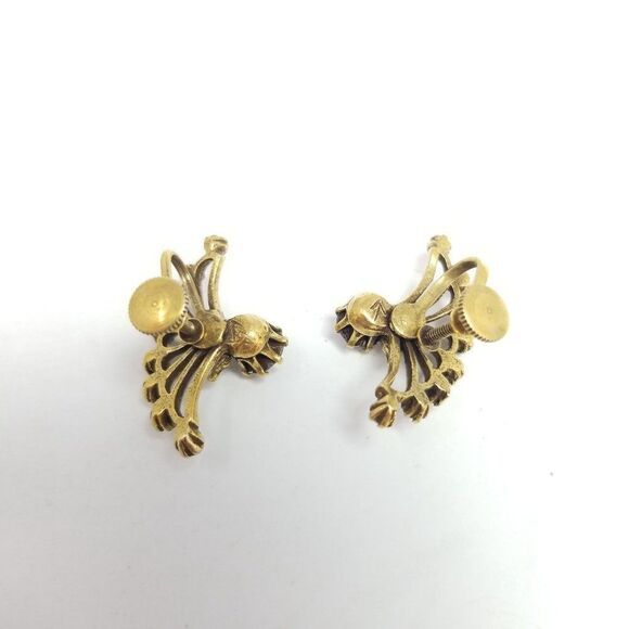 Vintage Rhinestone Wing Fan Shaped Clip On Earrings, Screw Backs Gold Tone Retro - Picture 4 of 6
